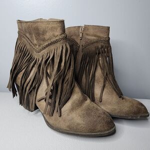 So Jolly Stone Fringed Ankle Boots Size 8.5 Brown Manmade Textile Upper